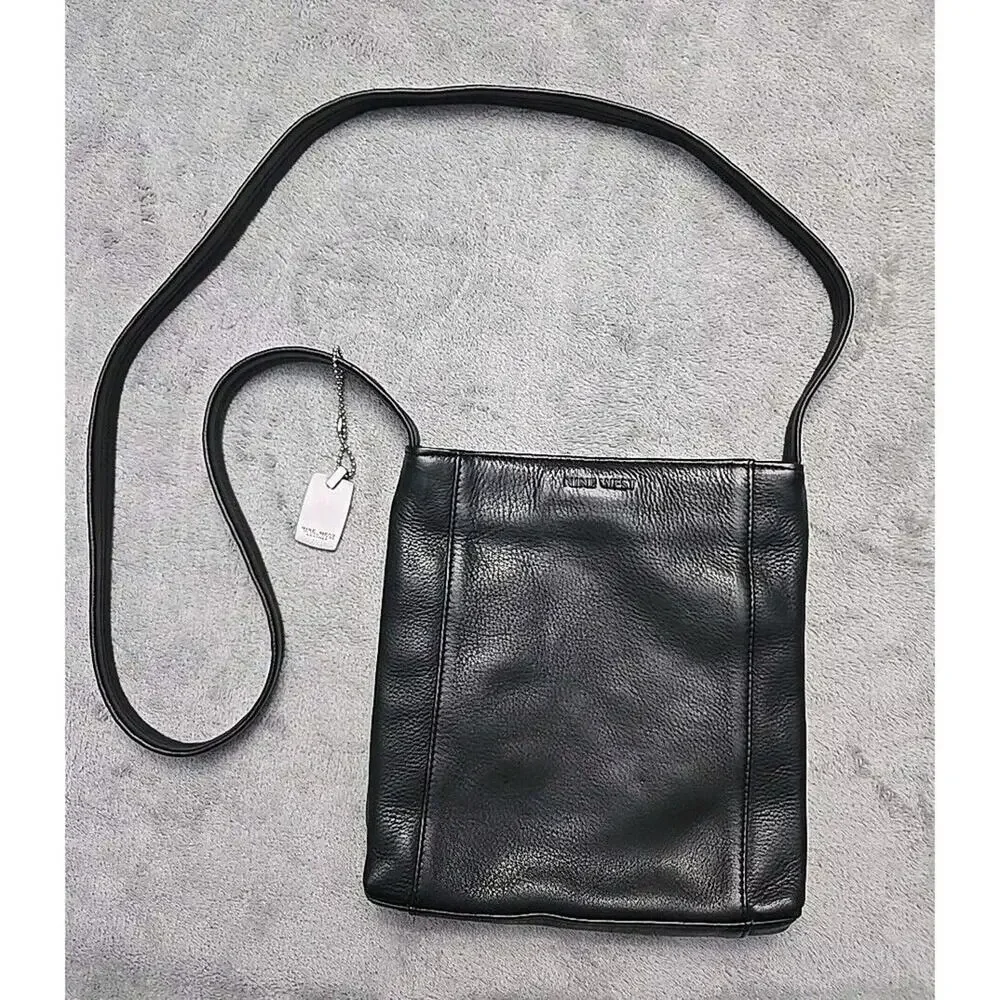 Nine West Solid Black Leather Crossbody Bag‎ Purse Single Strap